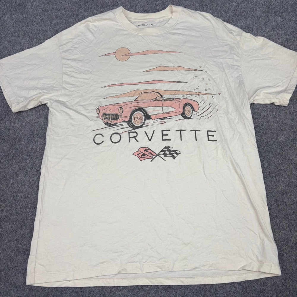 American Eagle Corvette Graphic Tee Women Medium Cream Retro Car Short Sleeve
